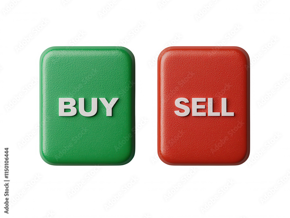 Poster green buy button and red sell button displayed together on a smooth surface for financial trading or