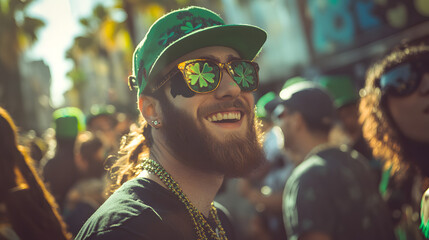 A lively crowd at a St. Patricks Day street festival wearing green hats and shamrock face paint.