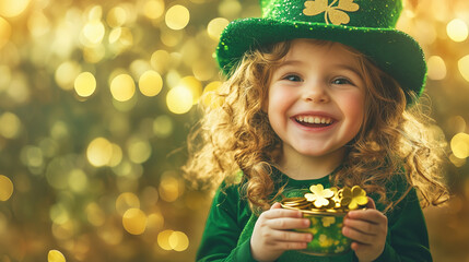 Smiling joyful child dressed in St. Patrick's Day attire, playful leprechaun hat and shamrock accessories hold pot. festive and cheerful background, with clover decorations, golden sparkles.Horizontal