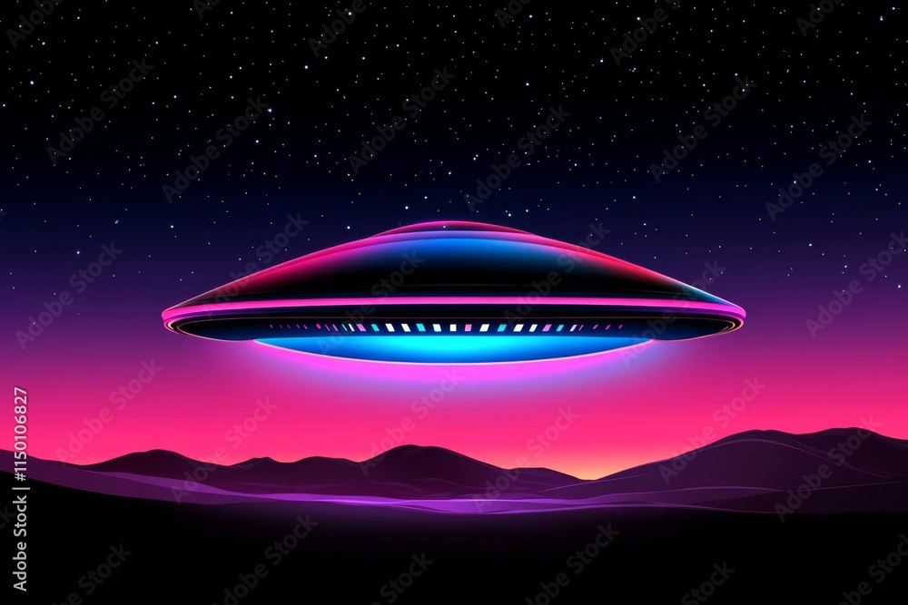 Poster A clean flat design of a futuristic spacecraft hovering over a planetary surface, rendered in soft gradients