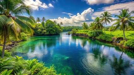 Obraz premium A serene lagoon surrounded by lush green palm trees, reflecting the azure sky and puffy clouds