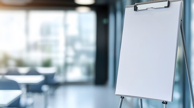 empty flip chart in a bright corporate office on the right side of image 