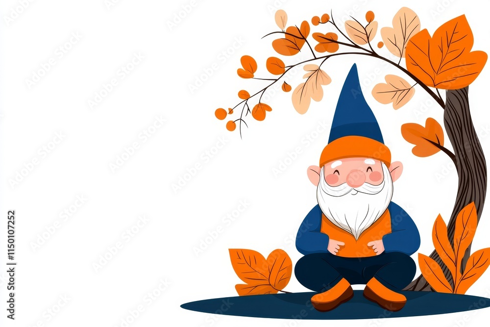 Poster a clean illustration of a gnome sitting under a stylized flower arch, with only a few colors and a f
