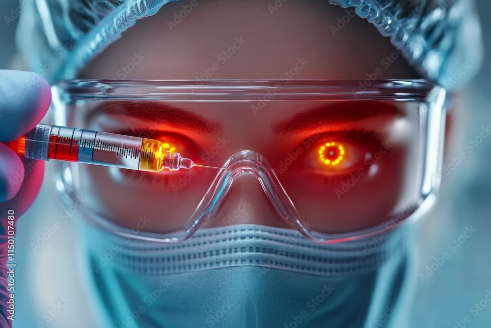 Poster a close-up of a gmo seed being injected with a glowing liquid inside a sterile lab, with a scientist