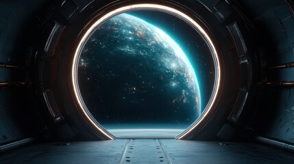 An elaborate space station portal offers an awe-inspiring view of a distant planet, illustrating...