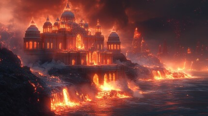 A fiery palace surrounded by molten lava and ocean waves at dusk.