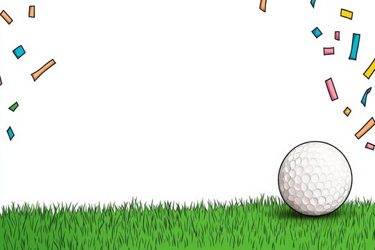 A colorful drawing of a golf ball rolling into the hole on a lush green course, with celebratory confetti bursting in the background, set against a white canvas