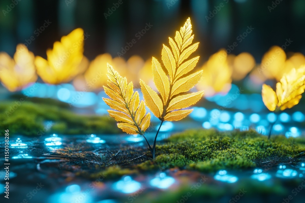 Poster a conceptual display of a genetically modified plant with glowing leaves, set in a biophilic design 