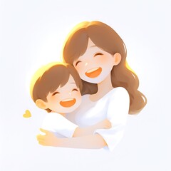 Joyful Mother Embracing Child in Bright Cartoon Style Illustration