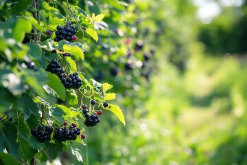 Row of blackcurrant bushes on a summer farm in sunny day