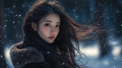 In a serene, snow-covered forest, an Asian woman in a dark fur coat stands still, her long messy hair lightly swirling in the wind.