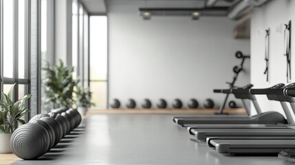 Modern gym interior with exercise equipment and natural light
