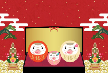 2025年　巳年　年賀状　巳だるまの親子と金屏風【赤】　文字なし