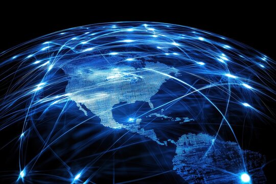Global network connections encompassing North and Central America, depicted as a glowing blue digital map on a black background.
