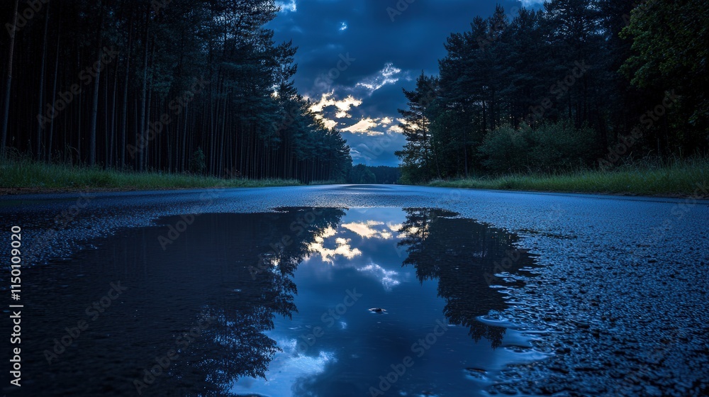 Poster macro shot of a water puddle on wet asphalt, capturing the reflection of dark clouds and large trees