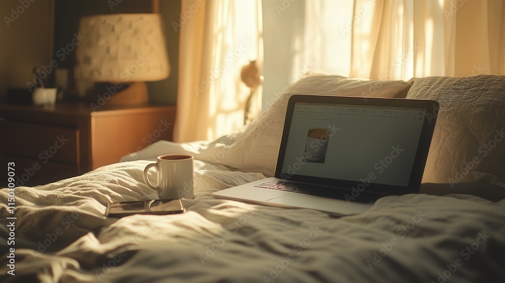Poster on a neatly made bed, a phone rests next to a laptop and a coffee mug, capturing a relaxed setup ide