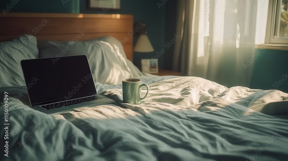 Poster on a neatly made bed, a phone rests next to a laptop and a coffee mug, capturing a relaxed setup ide