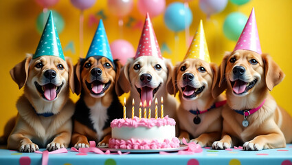 A group of cheerful dogs in party hats around a birthday cake with festive decorations.

