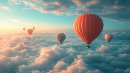 Fototapeta premium Hot air balloons soar above fluffy clouds.