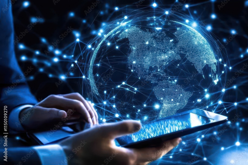 Aufkleber global network connection visualized on a digital tablet.