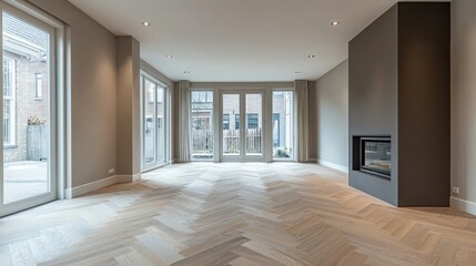 Obraz premium Empty modern living room with large windows and elegant wooden flooring