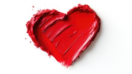 Red lipstick swatch in heart shape isolated on white background. Makeup cosmetic product smear stroke swatch. Top view, copy space