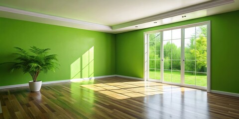 Fototapeta premium Empty Room with Green Walls, Hardwood Floors, and Large Windows Providing a View of a Lush Garden