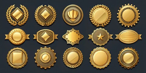 Collection of Golden Award Badges with Laurel Wreaths and Ribbons for Recognition, Achievement, and Success
