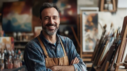 Fototapeta premium Smiling Artist in Studio Surrounded by Paintings and Art Supplies