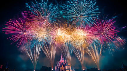 A magical fireworks show above the castle at Disneyland Paris with vibrant streaks of pink blue and gold bursting in the sky.