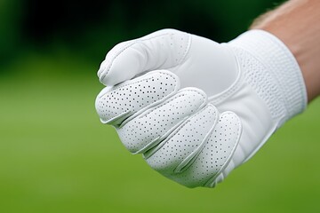 A detailed shot of a golferâ€™s hands gripping a club, with the texture of the gloves and club handle in sharp focus