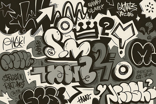 Fototapeta Dynamic Urban Graffiti Collage with Playful Monochrome Street Art Elements
