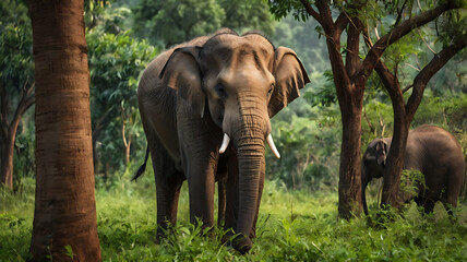 Fototapeta premium Majestic Indian elephant standing in a lush green forest , Elephant, India, Wildlife, Majestic, Forest, Trunk, Tusks, Mammal 