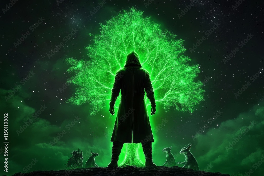 Poster a divine guardian protecting a sacred tree, glowing with an ethereal green light, with mystical crea
