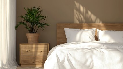 A cozy, minimalist bedroom 3D render with a wooden bed and white linen sheets