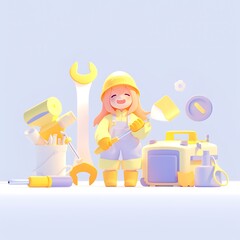 Cute Cartoon Female Builder with Tools and Equipment in Pastel Colors