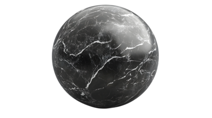 Smooth black marble texture sphere featuring subtle white veins and polished surface Isolated on white background