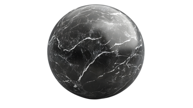 Smooth black marble texture sphere featuring subtle white veins and polished surface Isolated on white background