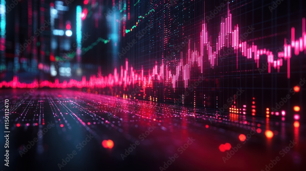 Poster abstract financial data visualization with vibrant glowing lines and graphs depicting stock market t