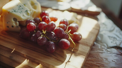 Fresh Grapes and Cheese on a Wooden Board