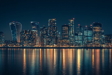 Fototapeta premium A stunning city skyline reflects on water at night. The vibrant lights illuminate the dark sky. A visual paradise for urban explorers and city lovers. Generative AI