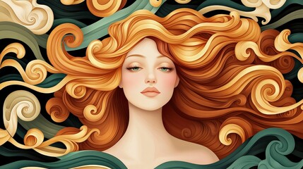 A serene illustration of a woman with flowing, wavy hair intertwined with stylized waves, evoking a sense of calm and beauty.