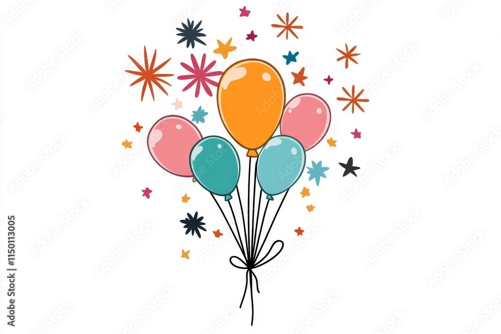 Poster A flat design of a glittery balloon, radiating sparkles, with a simple string trailing down, drawn in soft pastel hues on a white backdrop