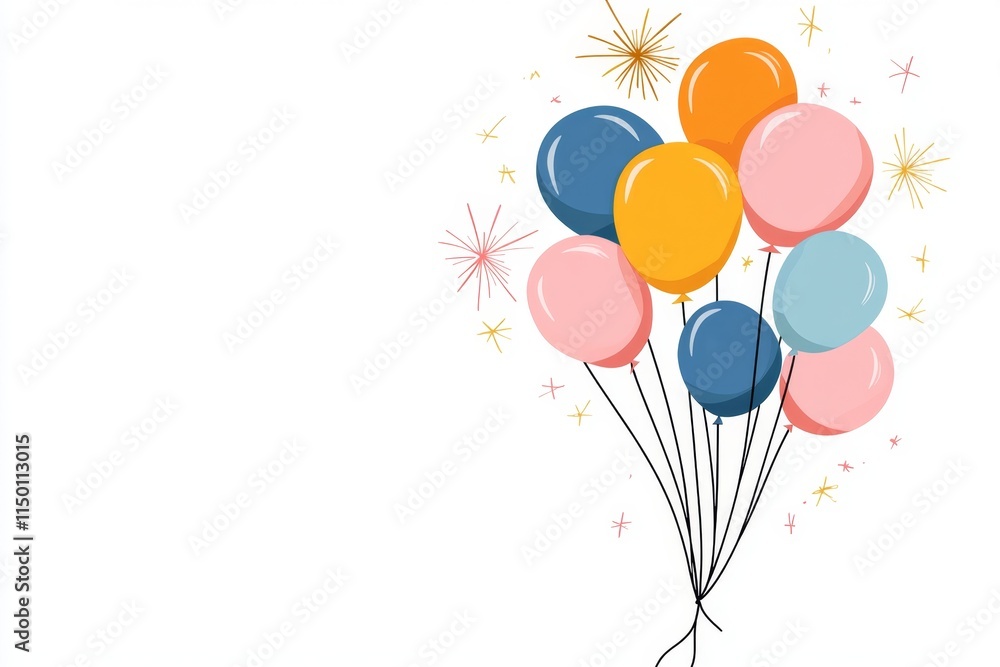Poster A flat design of a glittery balloon, radiating sparkles, with a simple string trailing down, drawn in soft pastel hues on a white backdrop