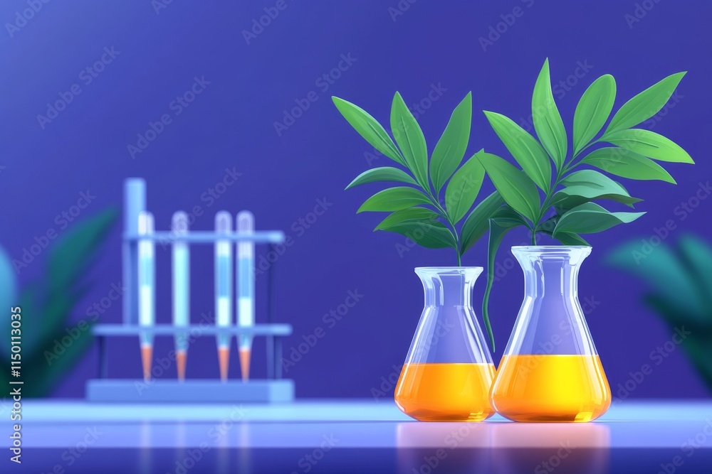 Aufkleber A flat design of a laboratory with glowing plants in test chambers, rendered with simple geometric shapes and colors