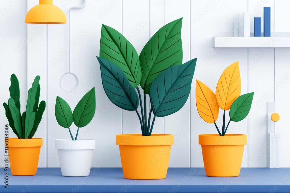 Poster a flat design of a laboratory with glowing plants in test chambers, rendered with simple geometric s