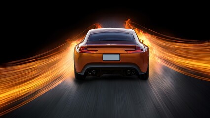 Fototapeta premium Speed ​​car on fire from speed, on black background. Sports car with burning and sparkling wheels.