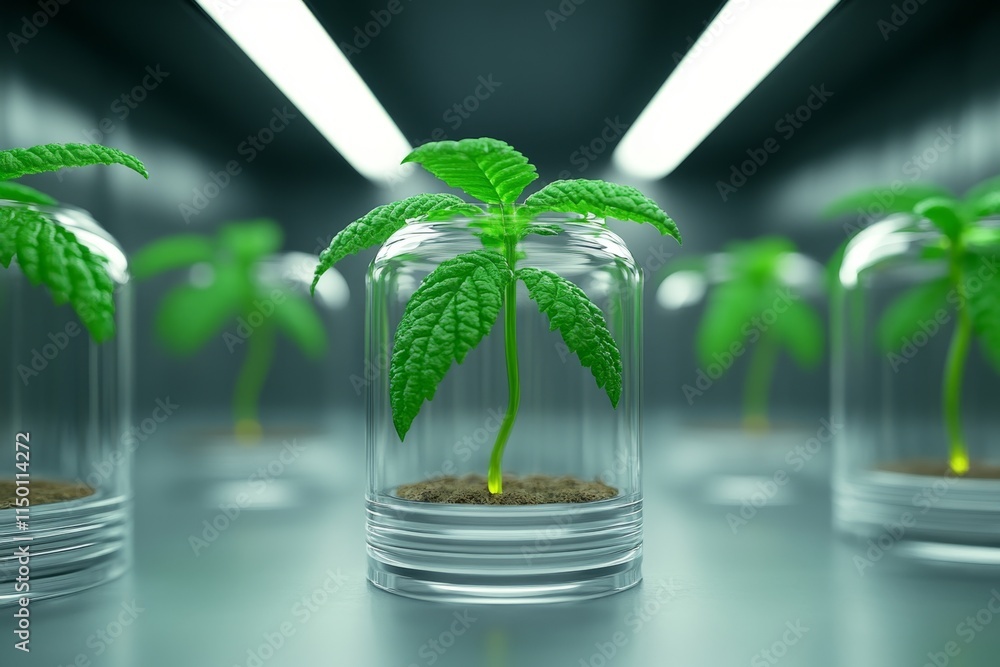 Poster A futuristic lab featuring transparent chambers where GMO crops are growing under controlled conditions with LED lighting