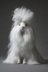 Naklejka premium A fluffy white rabbit with long hair, resembling a lion, posed against a dark background.