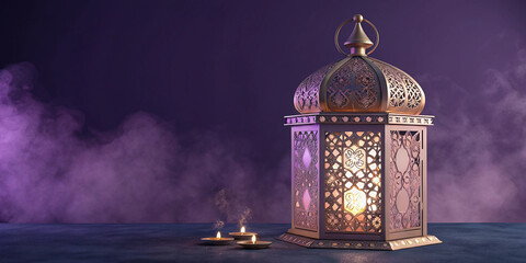 Arabic lantern, Ramadan Kareem smokey background.